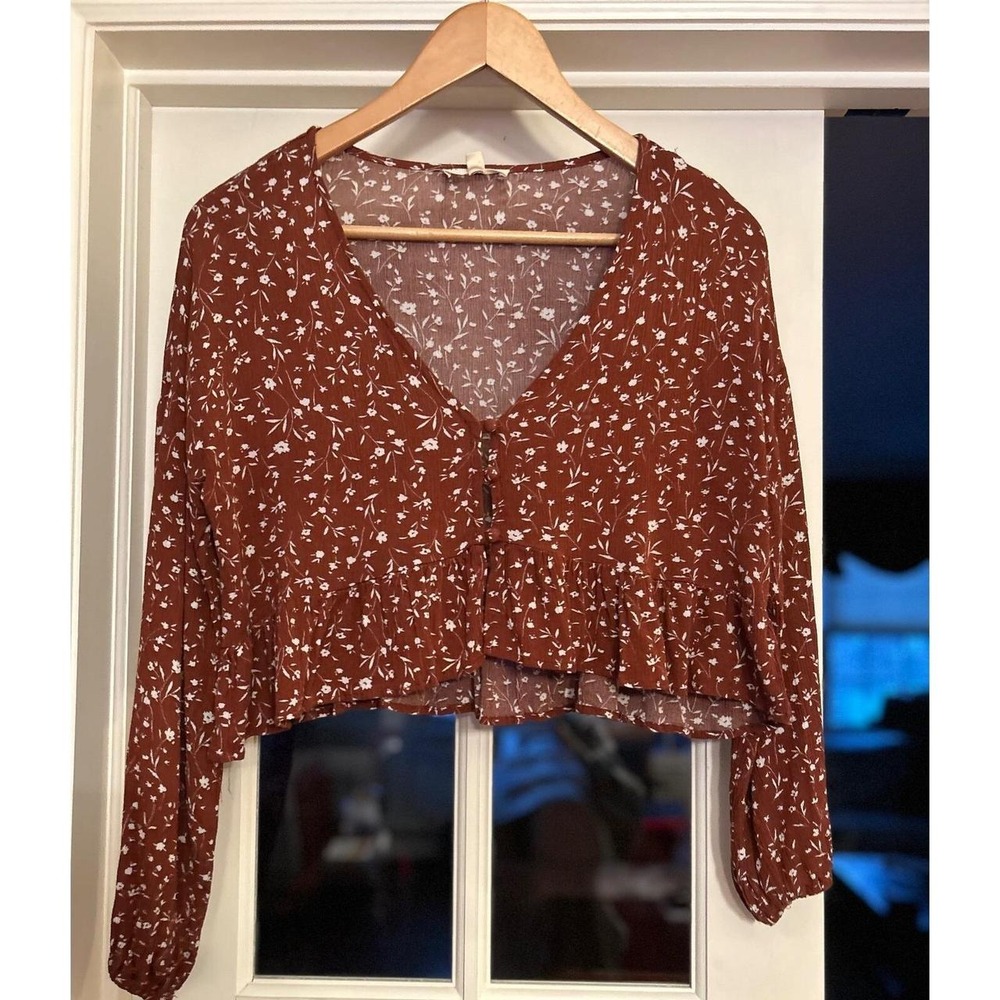 LA Hearts PacSun Brown Floral Long Sleeve Crop Top Blouse RN090233 Medium